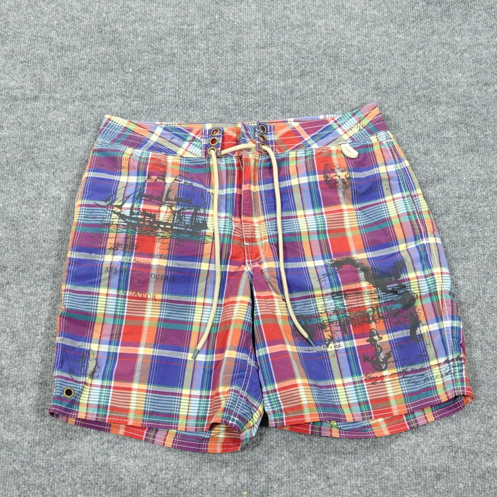 Polo Ralph‎ Lauren Swim Trunks Mens 32 Red Blue Plaid Nautical Graphic Board